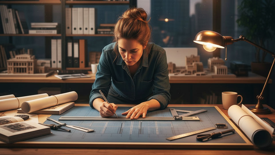 リフォームの設計図面を製図台で作成するプロの設計士