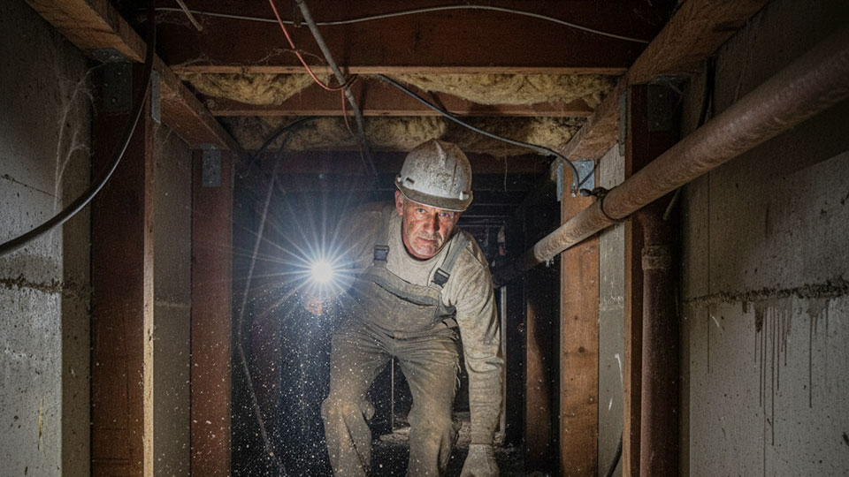 リフォーム現場調査で床下を点検する職人