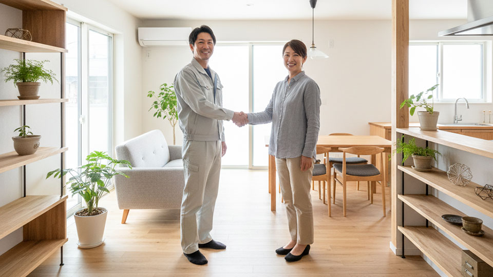 リフォーム完成後に施主と職人が握手している様子