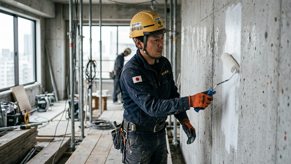 リフォーム職人が壁の下地処理をしている様子