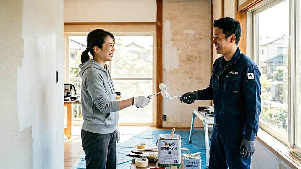 業者と一緒にDIYリフォームを楽しむ施主の様子