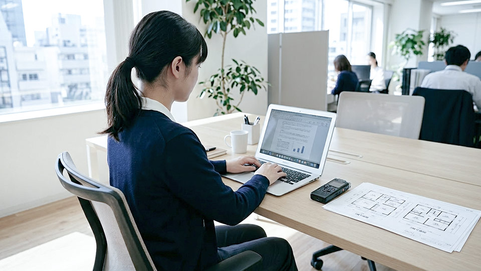 AIで整理された記録をもとに見積もりを作成するリフォーム会社の事務作業