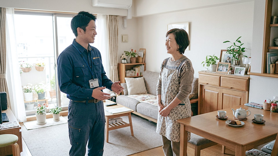 手ぶらでお客様と向き合い丁寧にヒアリングするリフォームスタッフ