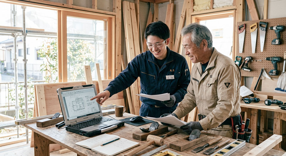 建築現場で図面を囲み打ち合わせをする職人チーム