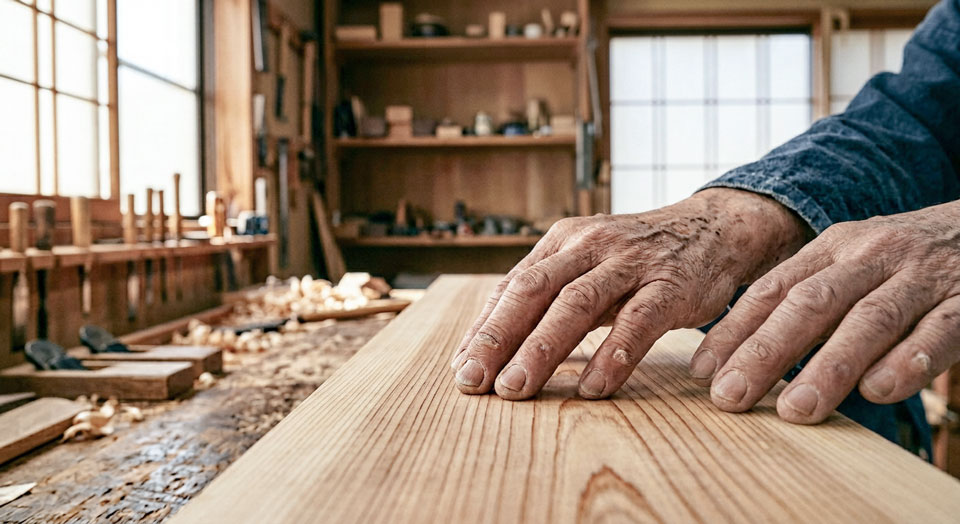 木材の歪みを指先で確認する熟練職人の手元